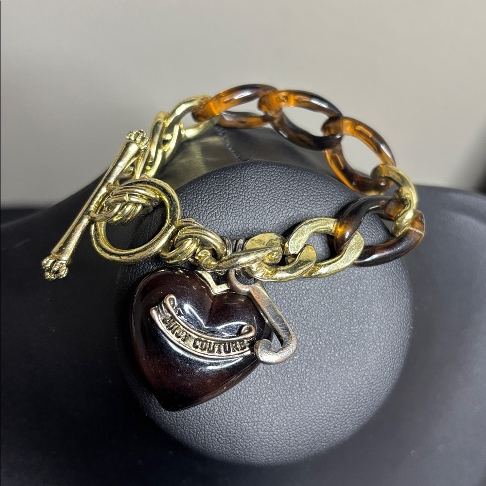 Vintage Juicy Couture Brown Rootbeer Tortoise Chain Bracelet with Heart Charm